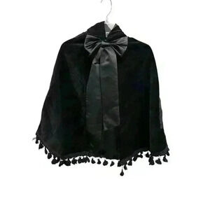 Elebini Girls Size 10 Hooded Velvet Poncho with Tassels & Black Bow Tie Closure